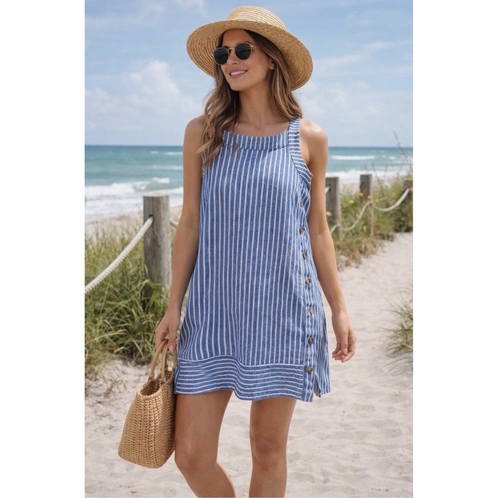 For Cynthia Womens Blue Linen Blend Stripe Sleeveless Shift Dress Side Buttons M